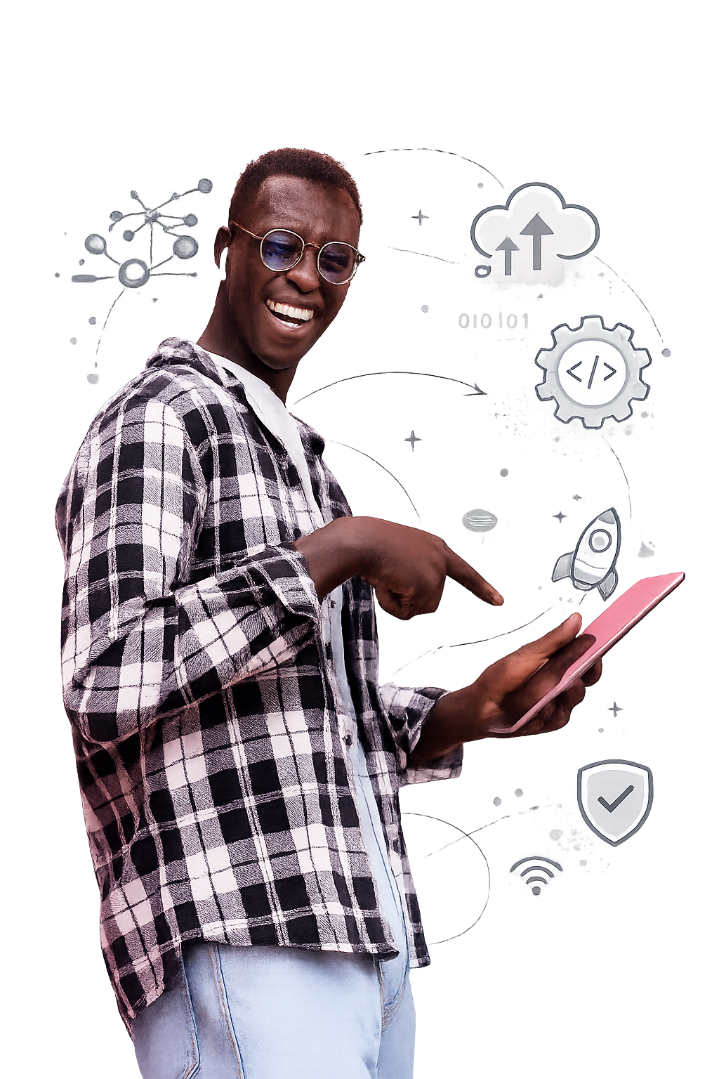 IT professional celebrating career growth, surrounded by cloud, security, and code icons