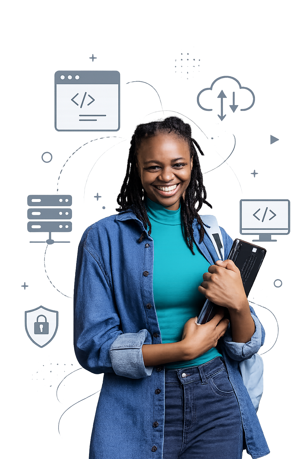 IT consultant with a laptop, surrounded by cloud, server, and security icons