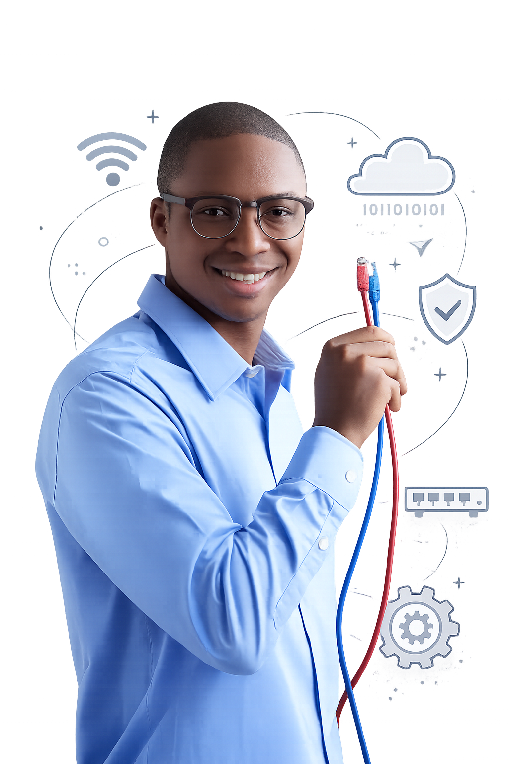 Network security specialist holding networking cables, surrounded by firewall and connectivity icons